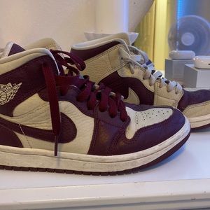 Jordan 1 mid split, burgundy, and sandwood